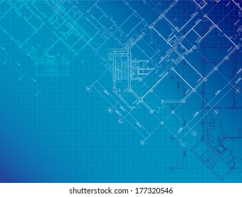 Blue architectural background with plans of buildings on the horizontal format