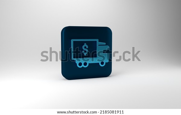 Blue Armored truck icon\
isolated on grey background. Blue square button. 3d illustration 3D\
render.