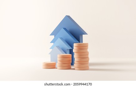 Blue Up Arrow And Coin Stacks On Pastel Background. Financial Success And Growth Concept. Copy Space, 3d Rendering