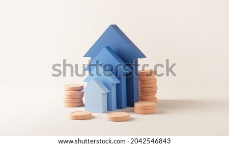 Blue up arrow and coin stacks on pastel background. Financial success and growth concept. copy space, 3d rendering Stock foto © 