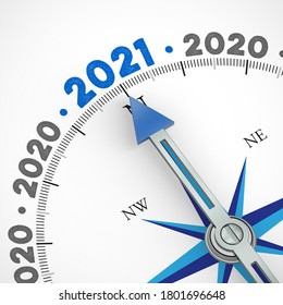 Blue Arrow From A Compass Points To The New Year 2021 (3D Rendering)