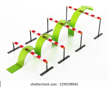 Blue arrow jumping over the obstacles. 3D illustration.