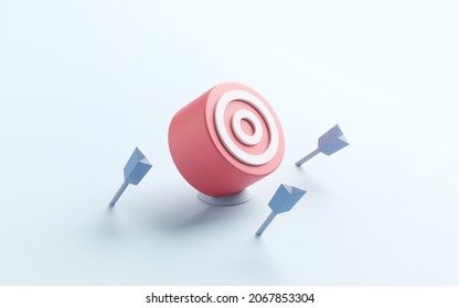 Blue arrows missed hitting target mark on blue background. Multiple failed inaccurate attempts to hit archery target. Concept of business strategy and challenge failure. 3d render.