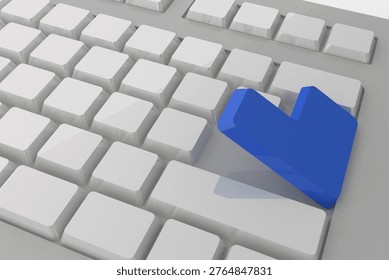 Blue arrow-shaped key cap is being shown in 3D render on light gray with white grid. Technology, gadgets, user interface, digital, modern, minimalistic, innovation