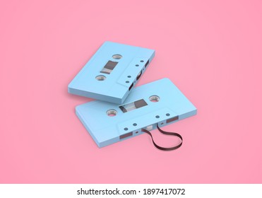 Blue Audio Music Retro Cassette Tapes On Pink Color , 3d Rendering