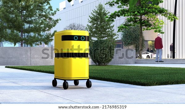 Blue Automated Delivery Robot Service for
future Technology. Modern and Hybrid Robotic Delivers for Goods.
New Technological of Delivery Logistic, Online Shop (3D Rendering,
3D Illustration)