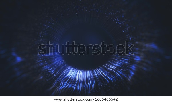 Blue and azure colored lines after a blast scattering\
out of a bright circle and forming volumetric human blue eye model.\
Human iris of the eye concept. 3d rendering animated abstract\
background in 4K
