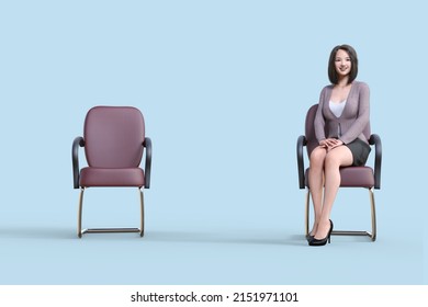 Blue Back With Two Chairs And One Female Employee Sitting On One Side.3D Illustration 3D Rendering