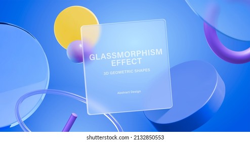 Blue Background Of 3d Geometric Shapes With Glassmorphism Square Plate In The Center