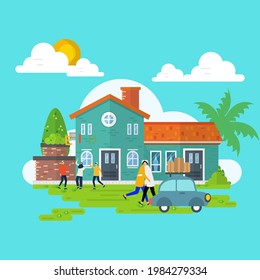 blue background, car, house, family fun, on a sunny day with white clouds and shining sun. draw graphic design illustration sketch - Powered by Shutterstock