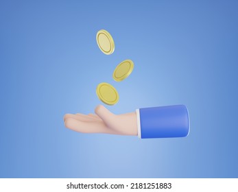 Blue Background Cartoon Hand Toss A Coin Gold 3d Rendering.