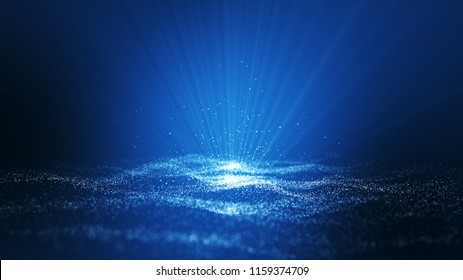 blauer Hintergrund, digitale Signatur mit Wellenpartikeln, Funkeln, Raum mit Feldtiefe. Die Partikel sind weiße Lichtlinien.