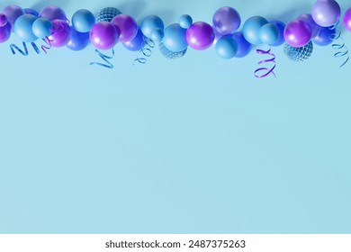 Blue background with garland from balloons, ribbons, copy space. It's a boy backdrop with empty space for text. Baby shower or birthday invitation, party. Baby boy birth announcement. 3D Illustration - Powered by Shutterstock