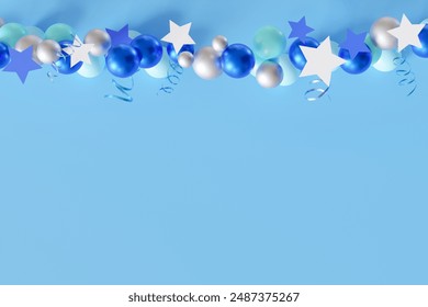 Blue background with garland from balloons, stars, copy space. It's a boy backdrop with empty space for text. Baby shower or birthday invitation, party. Baby boy birth announcement. 3D Illustration - Powered by Shutterstock