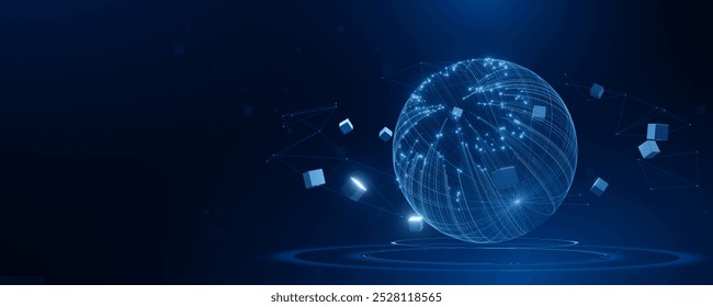 A blue background with a large sphere in the center surrounded by many small cubes. The sphere is surrounded by a blue and white pattern