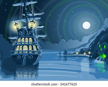 Blue Background Nocturnal Pirate Island with Pirate Galleon Anchored in a Skull Bay Nocturnal View Blue Background. Pirate Cove Blue Background Insight Illustration.