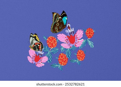 Blue background with a smooth texture. The background highlight colorful butterflies and flowers. Blue color enhances the vibrant design. Art nouveau butterfly background. Butterfly on blue background