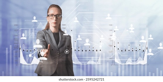 Blue background with three data graphs Analytics and monitoring concept Woman in suit in glasses. Employee at work. Use tecnology. Push and touch. Plexus net. People icons