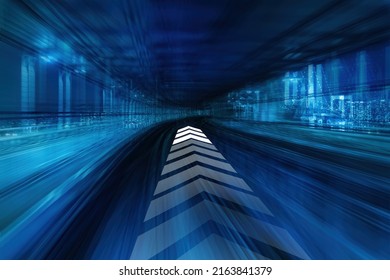 Blue Background With Traffic Arrow. Traffic Arrow On Background Of Night Road. Background On Theme Of Traffic Management. Distribution Of Transport Flows. Blue Pattern With Blurred Night City 3d Image