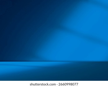 Blue background, wall summer backdrop, studio room loft table with natural shadow on wall floor, mockup pastel abstract interior modern empty for presentation travel product winter spring season