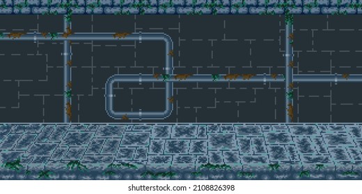 Blue Background, Wallpaper Game In Pixel Art.  Dirty And Worn Underground Plumbing Room