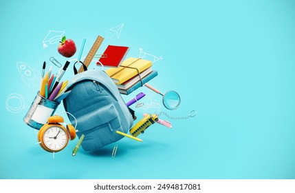 Blue backpack with alarm clock and school equipment. Back to school concept on blue background with copy space. 3D Rendering, 3D Illustration - Powered by Shutterstock