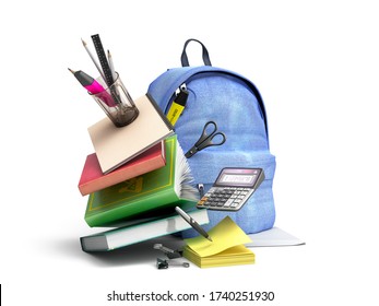 Blue backpack with school supplies 3d render on white - Powered by Shutterstock