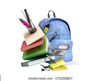 Blue backpack with school supplies 3d render on white no shadow - Powered by Shutterstock