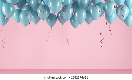 Blue balloons with confetti, ribbons on a pink light background. Festive illustration, greeting card, poster, congratulations on birthday, anniversary. Minimalistic creative picture - 3D, render. - Powered by Shutterstock