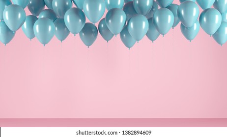 Blue balloons on a pink light background of the room, studio. Festive illustration, greeting card, poster, congratulations on birthday, anniversary. Minimalistic creative picture - 3D, render. - Powered by Shutterstock