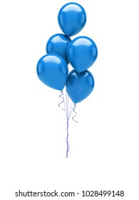 Blue Baloons With Gold Ribbons Isolated On White Background. 3D Illustration Of Celebration, Party Baloons