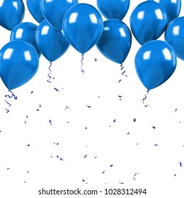 Blue Baloons On The Upstairs With Golden Confetti Isolated On White Background. 3D Illustration Of Beautiful, Candy, Glossy Baloons