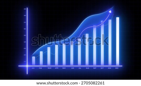 Blue Bar Chart and Line Graph Illustrating Upward Growth and Data Trends on Black Background image photo