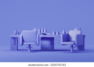 Blue barbershop interior with two armchairs and table, accessories and attributes, copy space empty background. Concept of haircut, salon, shave and beauty. 3D rendering illustration - Powered by Shutterstock