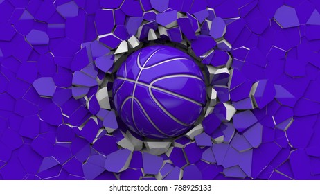 Blue Basketball Ball On Cracked Wall. 3D Illustration. 3D High Quality Rendering.