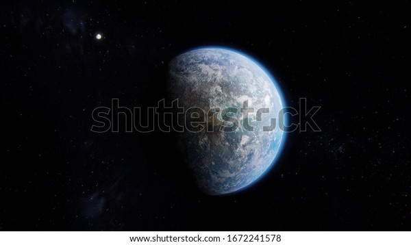 Blue and Beautiful Habitable Alien Earth Like\
Exoplanet with Moon in\
Space
