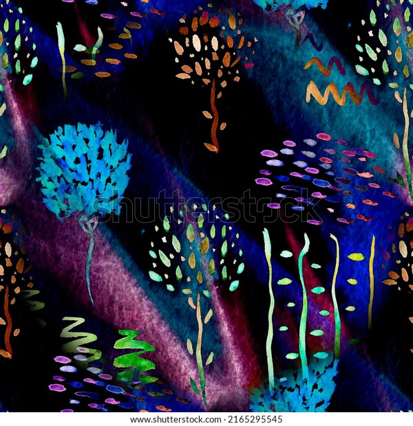 Blue Beautiful Wallpaper Design. Watercolor Leaves Seamless Surface Pattern. Decorative Textile Background. Watercolor Art Ink Tile. Black Artistic Painting. Botanical Wedding Wallpaper.