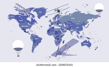 Blue Beautiful World Map With Clones And Plains.