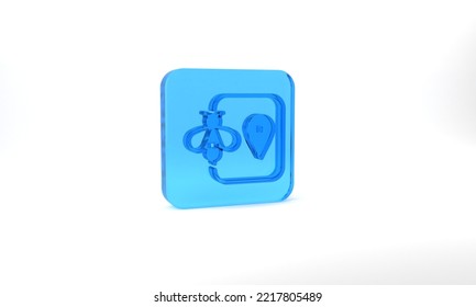 Blue Bee Location Map Pin Pointer Icon Isolated On Grey Background. Farm Animal Map Pointer. Glass Square Button. 3d Illustration 3D Render.