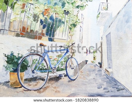 blue Bicycle in a quiet cozy courtyard, oil on canvas
