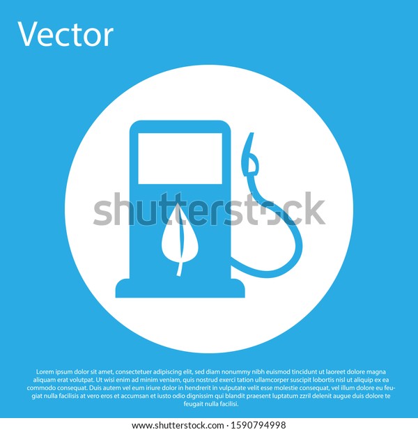 Blue Bio fuel concept with fueling nozzle and\
leaf icon isolated on blue background. Gas station with leaves. Eco\
refueling. White circle button.\
