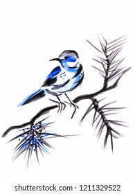Blue bird ink wash painting