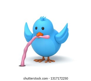 Blue bird pulling worm out of ground. Early bird gets the worm concept. 3D render with clipping path