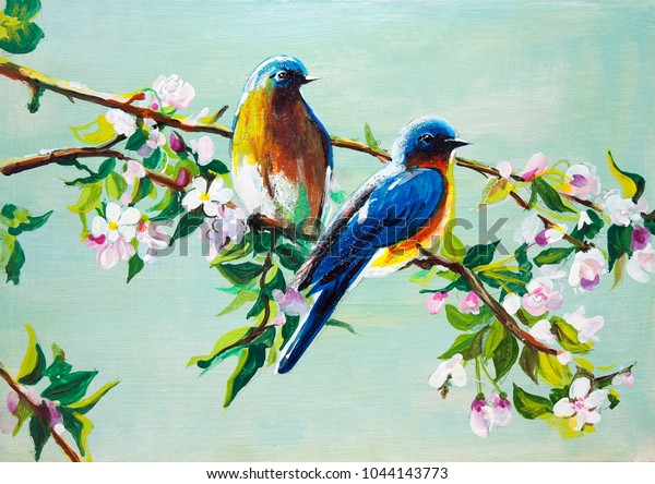 春のリンゴの木に青い鳥 油絵 のイラスト素材