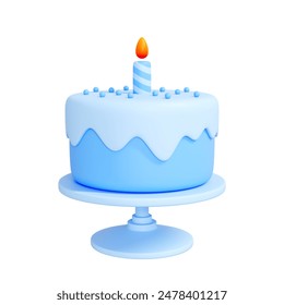 Blue birthday cake with a single lit candle isolated on white background. Creative cartoon design icon. 3D render illustration - Powered by Shutterstock