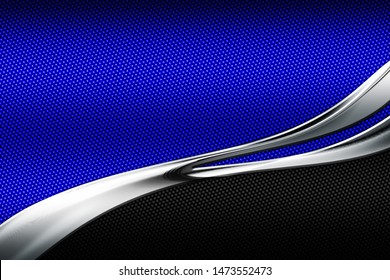 blue and black carbon fiber and curve chromium frame. metal background and texture. material design. 3d illustration.