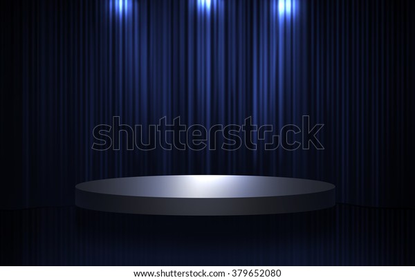 暗い背景に青と黒のカーテンと丸いステージ スポットライトと光沢のあるエフェクト のイラスト素材