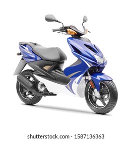 Blue and Black Modern Scooter Isolated on White Background. Personal Transport. Front Side View Motor Scooter with 2-Stroke 50cc Engine. Electric Motorcycle with Step Through Frame. 3D Rendering