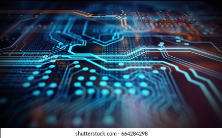 Blue and Black technology background circuit board and code. Line, dot blue color technology background. 3D Rendering