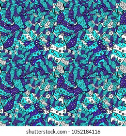 Blue, black and white on colors. Doodles pattern. Cute background. Seamless pattern Nice fabric pattern. It can be used on wallpaper, wrapping boxes, mug prints, baby apparels etc. - Shutterstock ID 1052184116